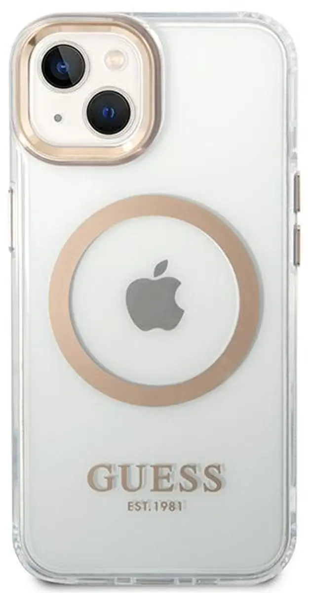 Guess Metal Outline Hoesje MagSafe iPhone 14 - Goud/Transparant