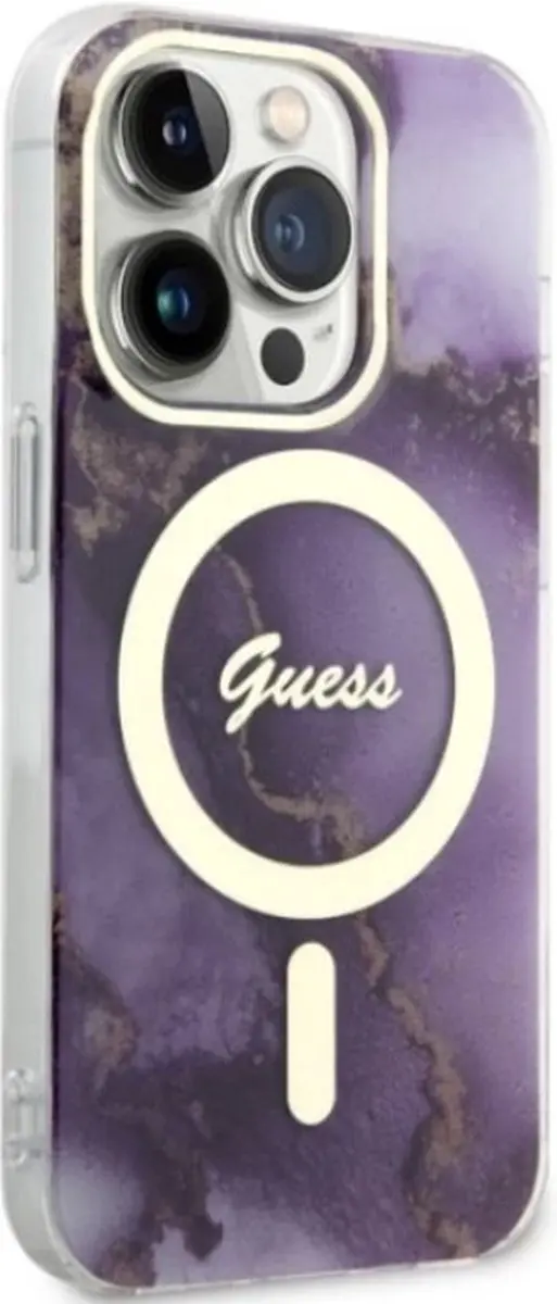 GUESS Golden Marble Back Case - Paars - MagSafe - iPhone 14 Pro