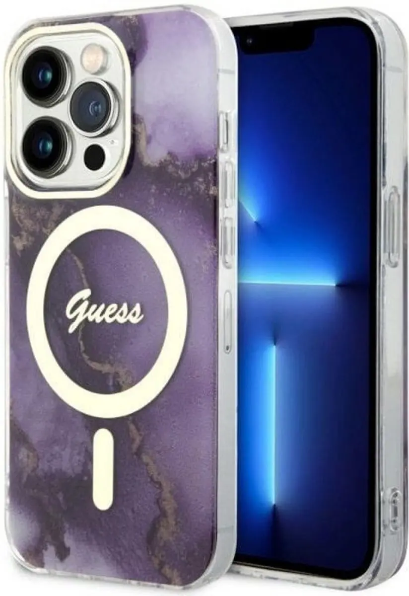 GUESS Golden Marble Back Case - Paars - MagSafe - iPhone 14 Pro