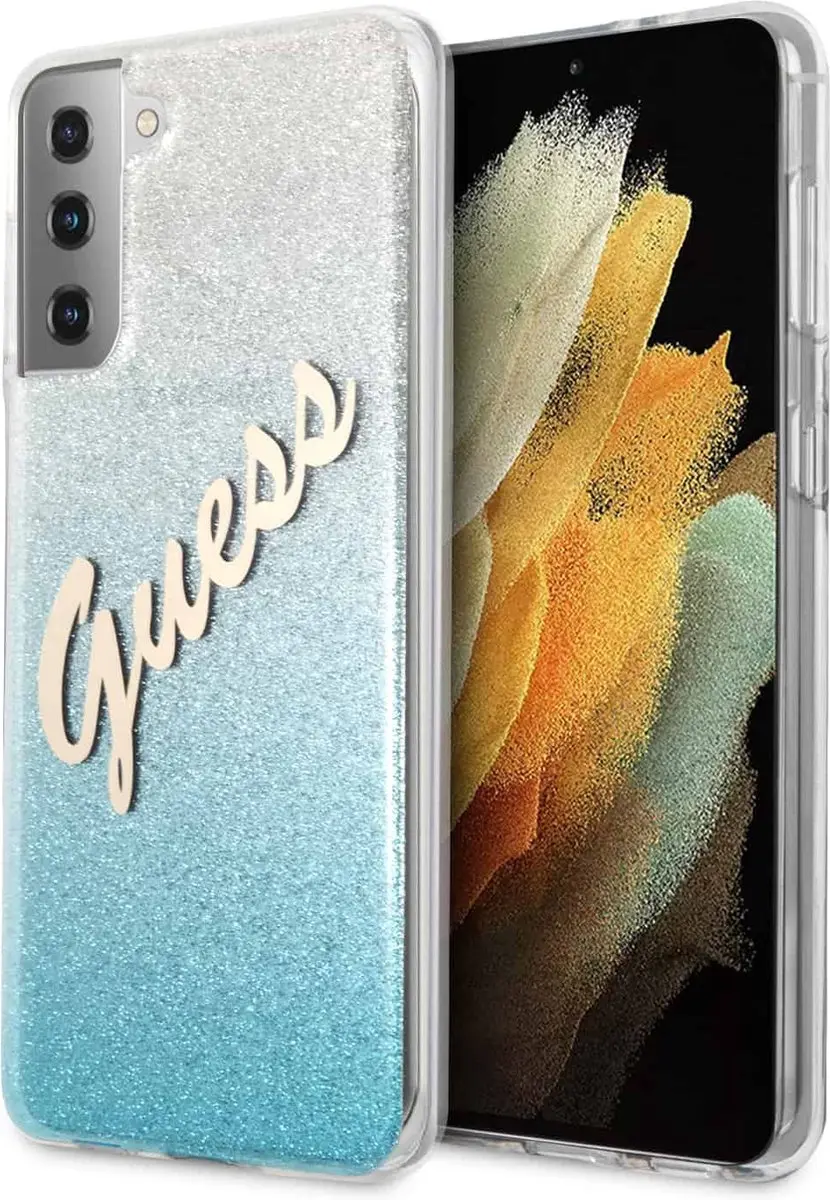 GUESS Glitter Vintage Hoesje Samsung Galaxy S21 Plus - Blauw