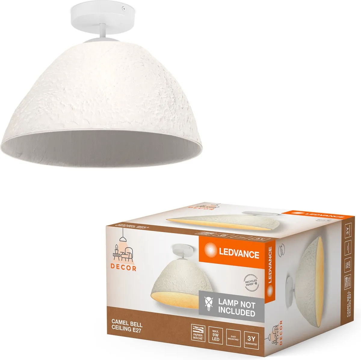 LEDVANCE plafondlamp Decor Camel Bell wit van metaal en papier-maché, E27, 375 mm diameter, lampenkap van gerecycled materiaal, duurzaam dankzij vervangbare lichtbron, eenvoudig te installeren