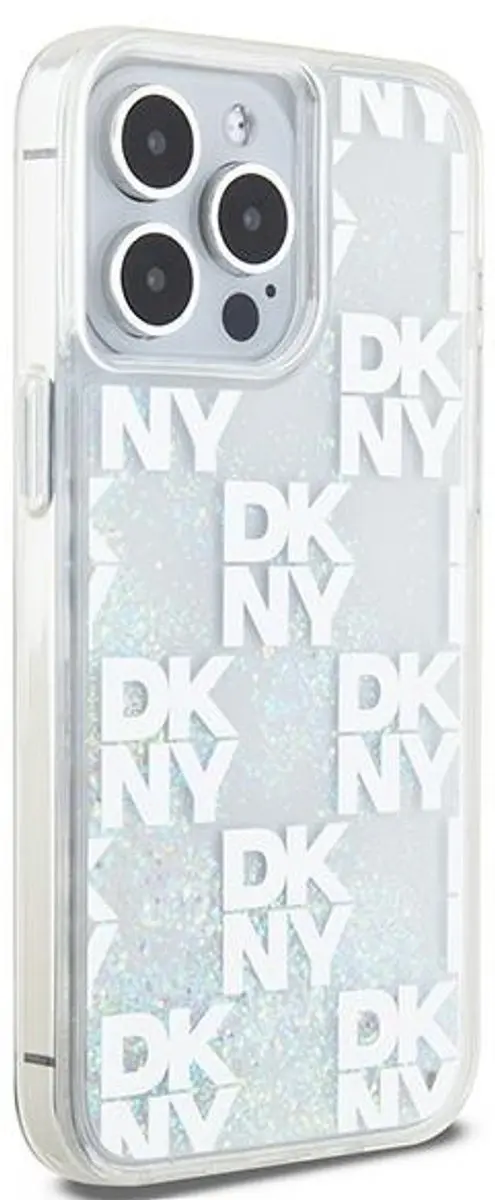 DKNY Liquid Glitter Checkered Pattern Hoesje iPhone 15 Pro Max - Wit