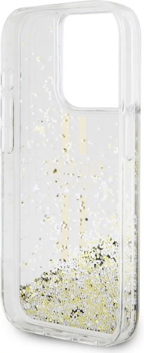 GUESS Liquid Glitter Gold Stripe iPhone 15 Pro Hoes - Transparant
