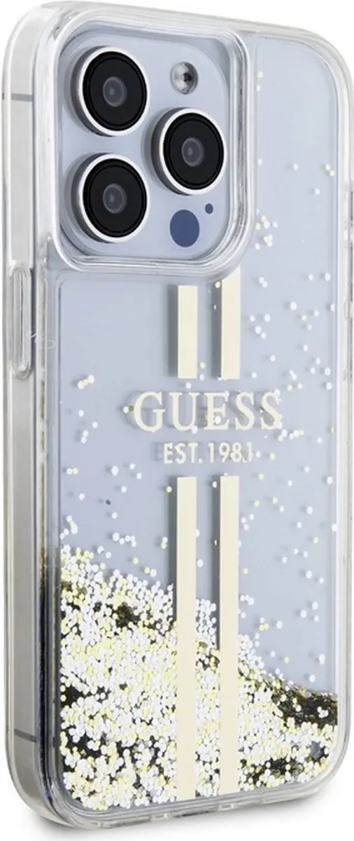 GUESS Liquid Glitter Gold Stripe iPhone 15 Pro Hoes - Transparant