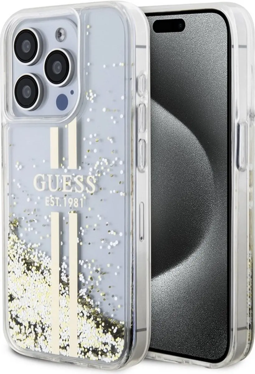 GUESS Liquid Glitter Gold Stripe iPhone 15 Pro Hoes - Transparant