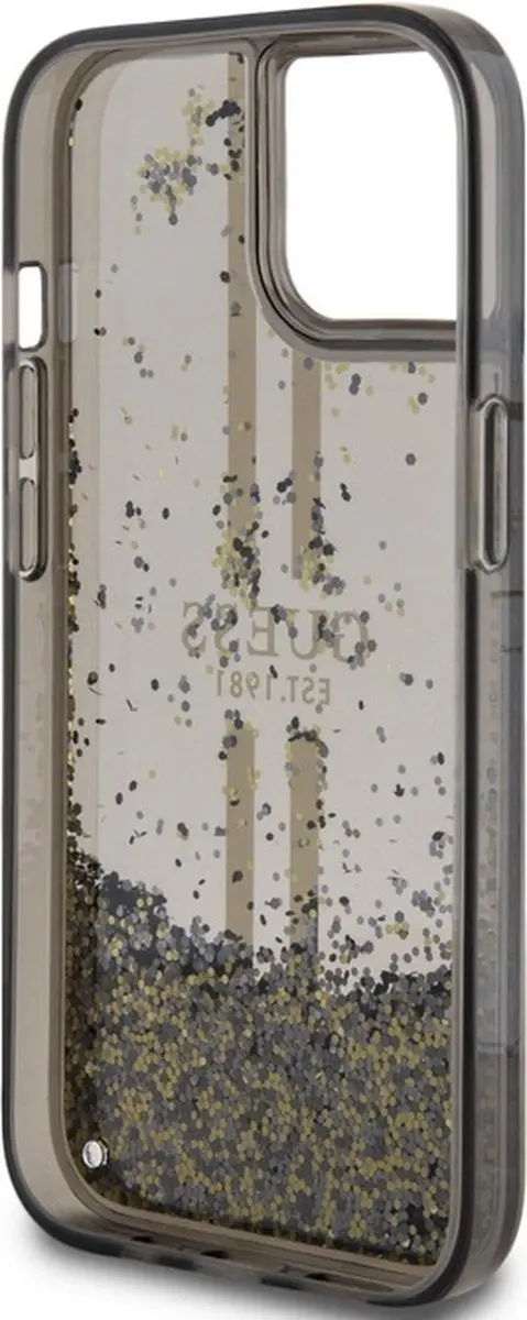 GUESS Liquid Glitter Gold Stripe Back Case Apple iPhone 15 Plus - Zwart