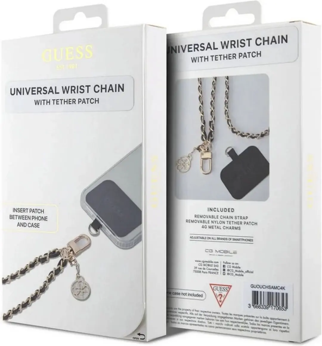 GUESS 4G Universele Hand Strap Saffiano Chain - Zwart/Goud