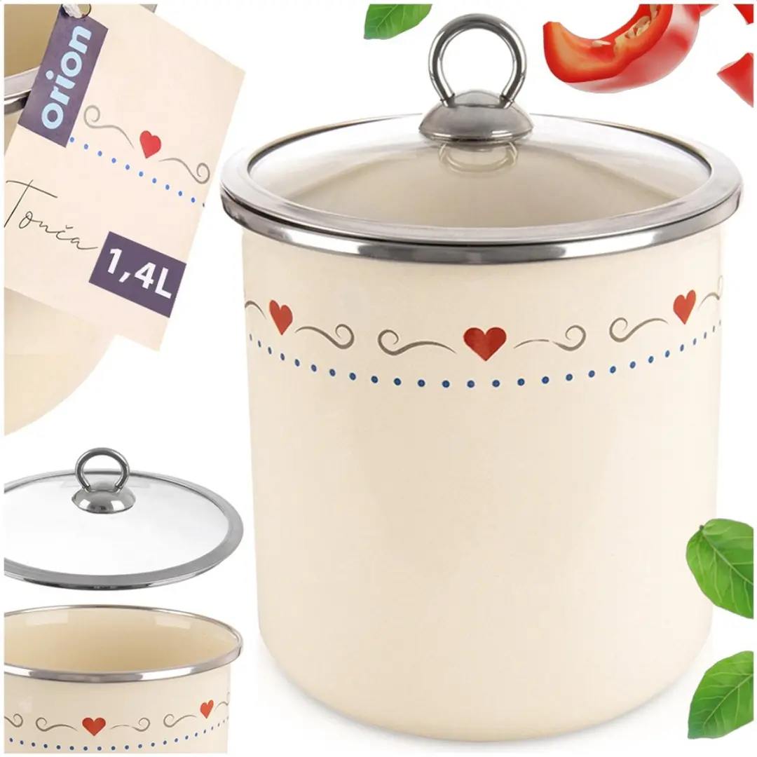 Orion Tonca Emalië Voedselcontainer 1,4L - Glazen deksel - Crème/Zilver