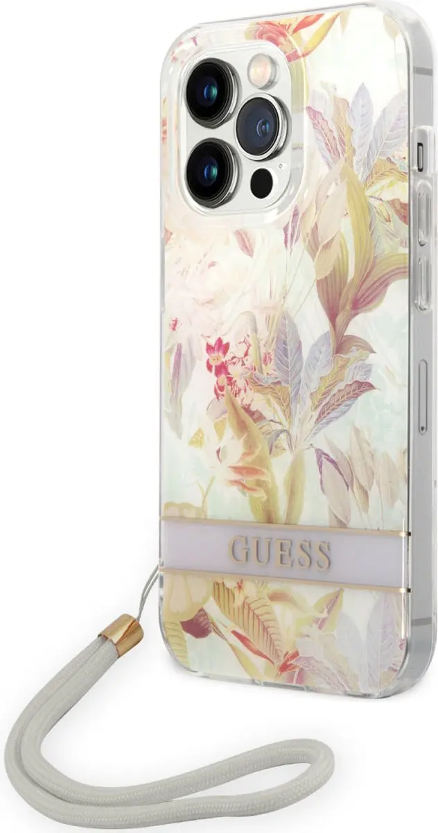 GUESS iPhone 14 Pro Hoesje Purple Flower Strap