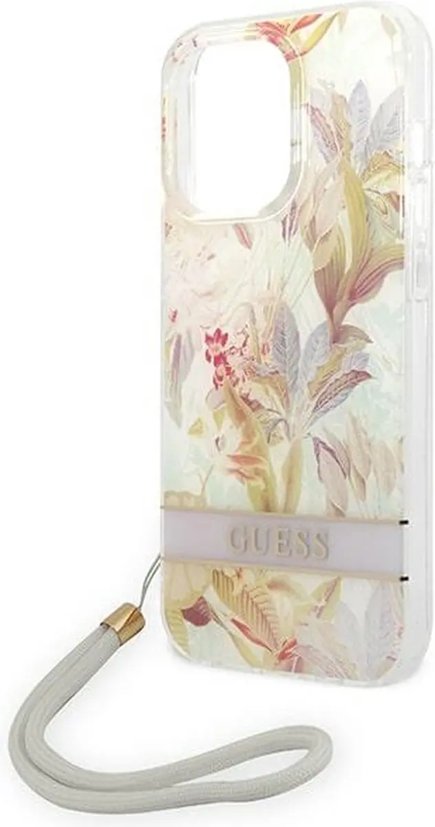 GUESS iPhone 14 Pro Hoesje Purple Flower Strap - GUHCP14MPHFLPU