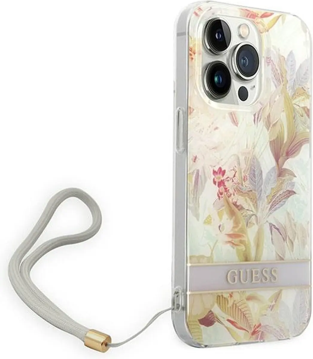 GUESS iPhone 14 Pro Hoesje Purple Flower Strap - GUHCP14MPHFLPU
