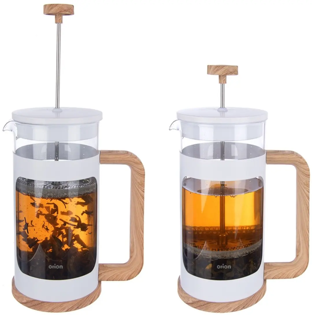 Orion Whiteline Glazen Cafetière 400ml - Roestvrij Staal Filter - Wit/Hout
