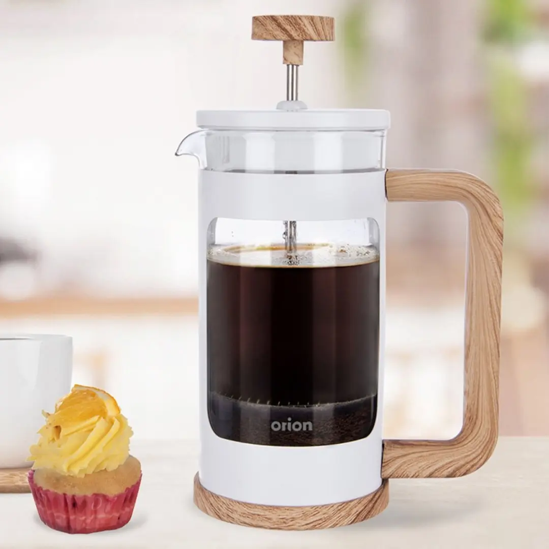 Orion Whiteline Glazen Cafetière 400ml - Roestvrij Staal Filter - Wit/Hout
