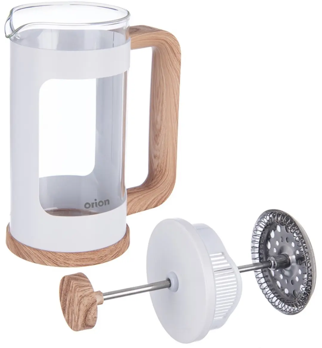 Orion Whiteline Glazen Cafetière 400ml - Roestvrij Staal Filter - Wit/Hout