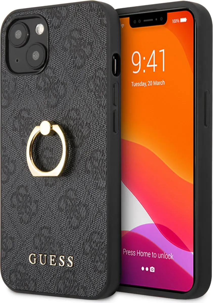 GUESS iPhone 13 Hoesje - Grijs - Ringhouder - MagSafe