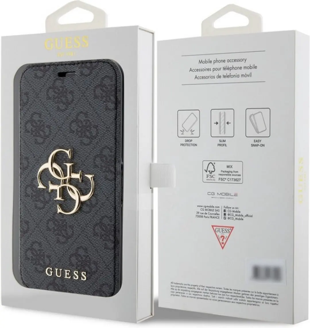 Guess 4G Metal Logo Book Case - iPhone 15 Grijs