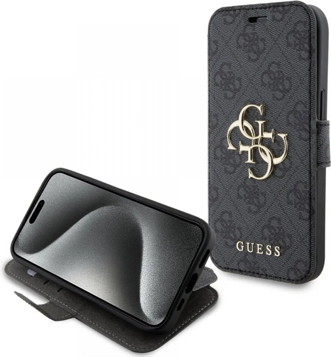 Guess 4G Metal Logo Book Case - iPhone 15 Grijs