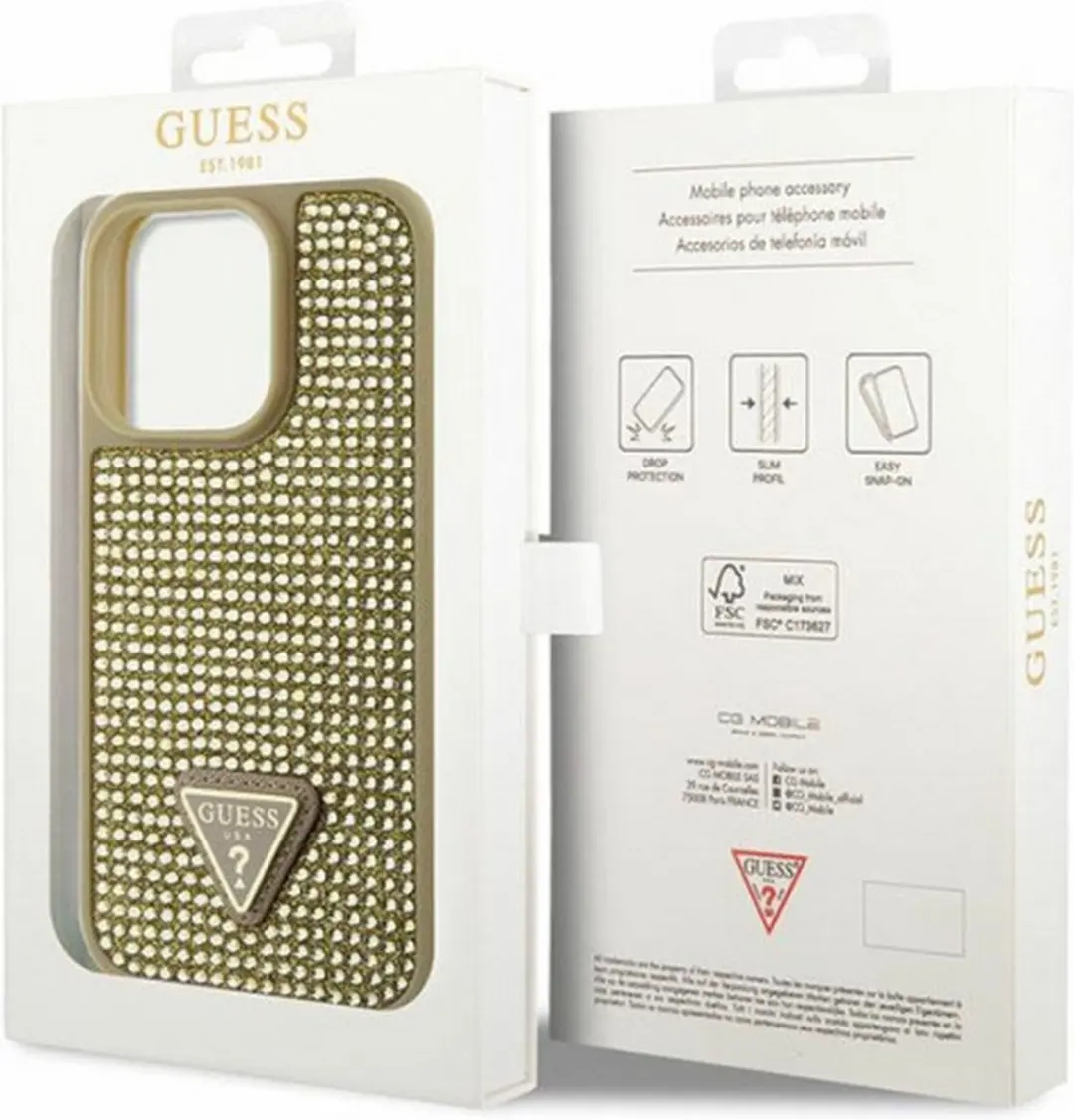 Guess Goud Hoesje iPhone 14 Pro - Rhinstones Triangle Logo