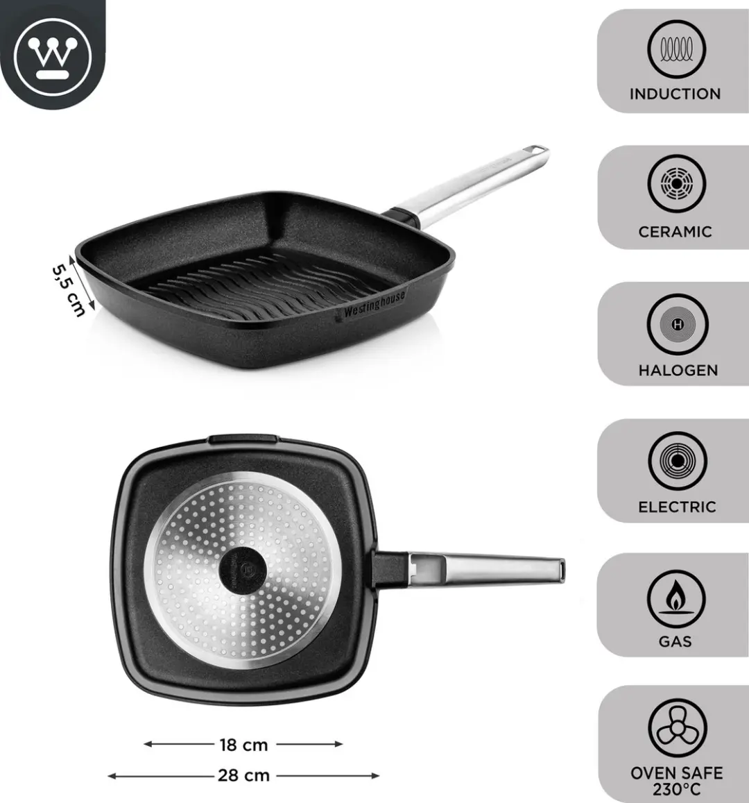 Westinghouse Performance Grillpan Ø28cm - Inductie - Zwart