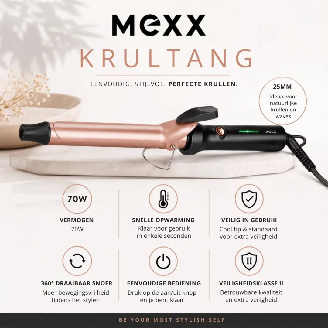 Mexx Krultang 25mm Keramisch - 230°C - 18cm - Zwart/Rosegoud