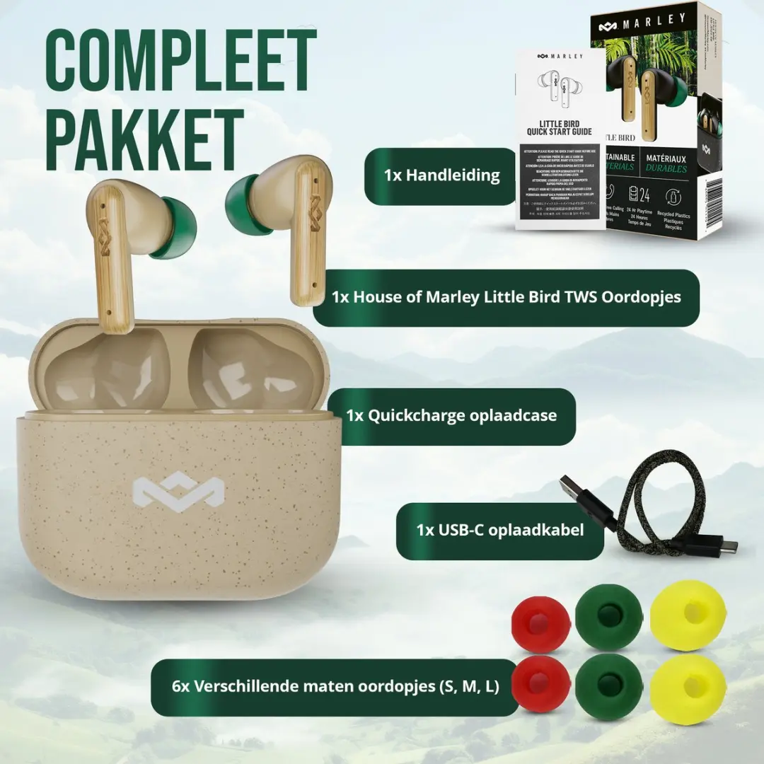 House of Marley Little Bird EM-JE123-CE Draadloze Oordopjes - 24 uur - Cream - afbeelding 6 van 6