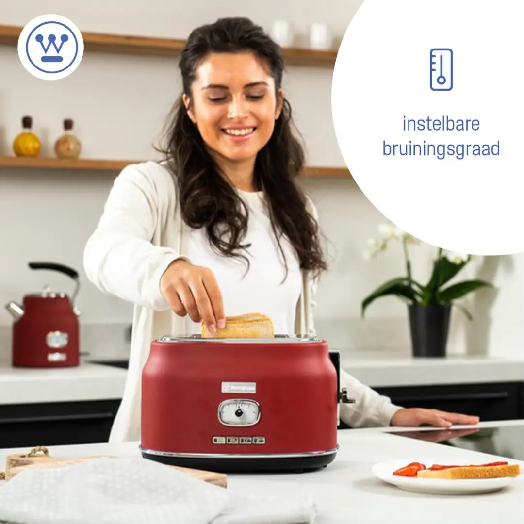 Westinghouse Retro 3-delige Set - Waterkoker 1,7L Broodrooster 2 Sneden Staafmixer - Rood