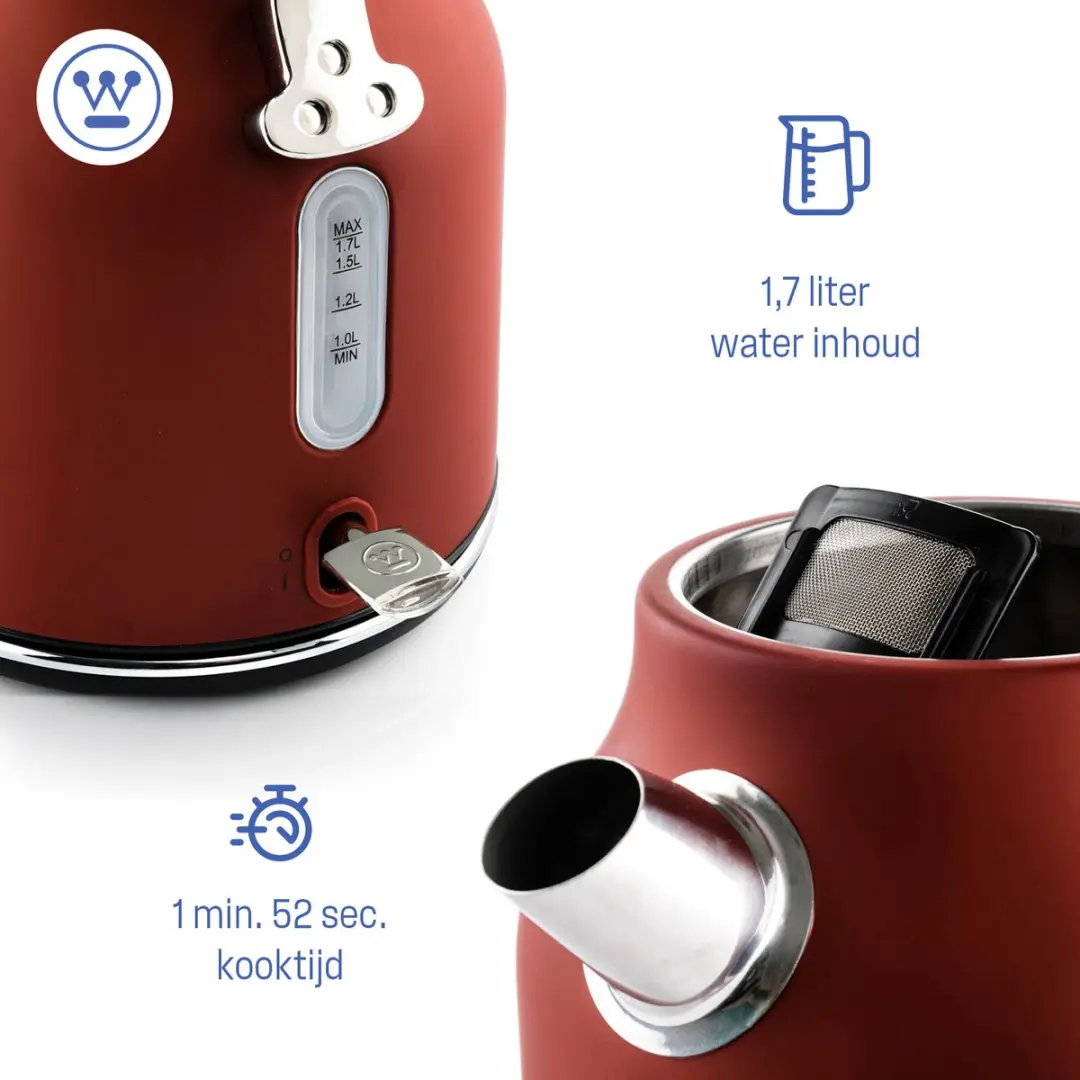 Westinghouse Retro 3-delige Set - Waterkoker 1,7L Broodrooster 2 Sneden Staafmixer - Rood