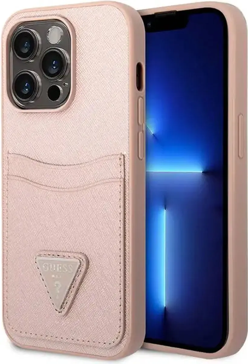 Guess Saffiano Hoesje iPhone 14 Pro - Roze - 2 Pasjes