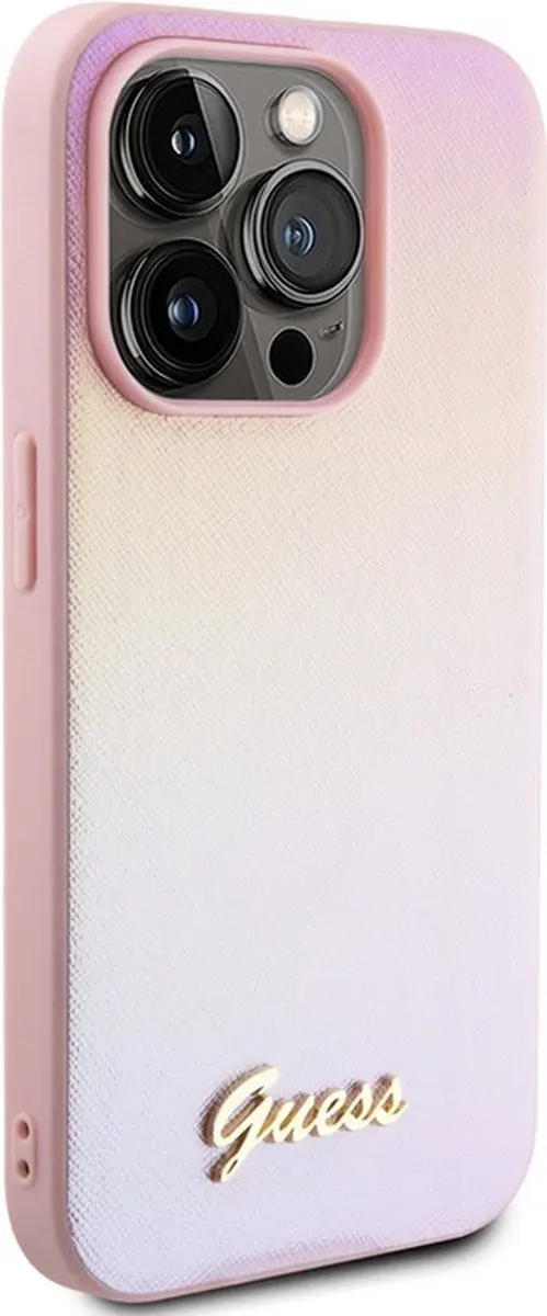 GUESS Iridescent Metal Script Back Case - iPhone 15 Pro Max - Roze