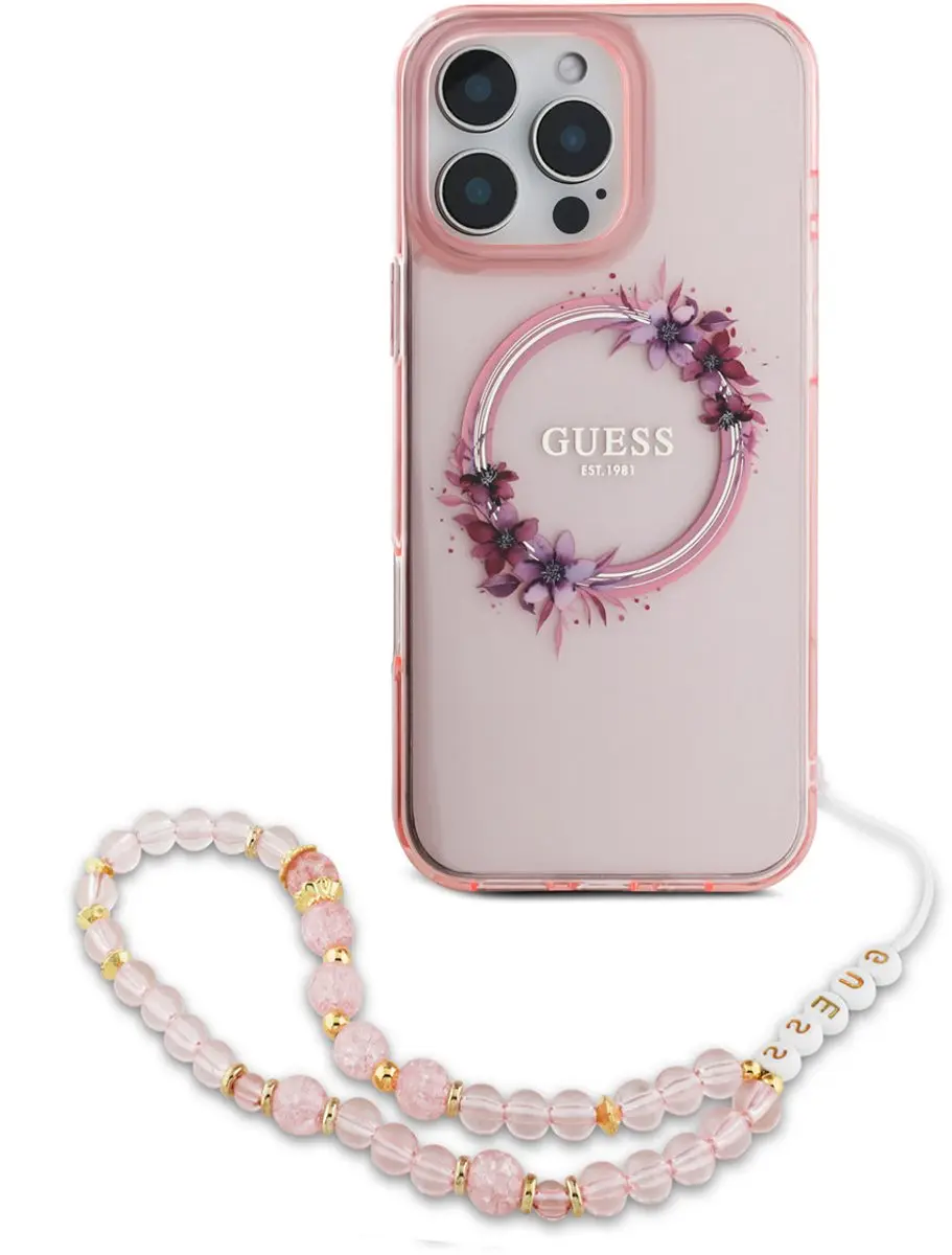 Guess iPhone 16 Pro Back Cover - Roze MagSafe Flower Wreath
