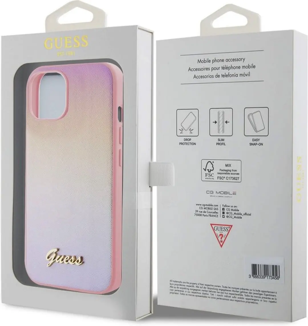 Guess Iridescent Metal Script Back Case - iPhone 15 Roze