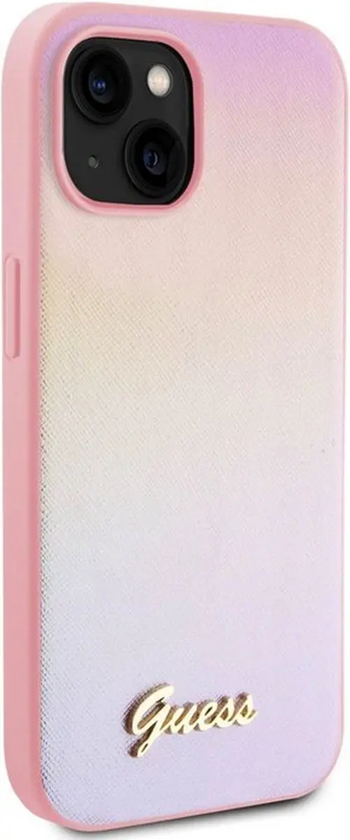 Guess Iridescent Metal Script Back Case - iPhone 15 Roze