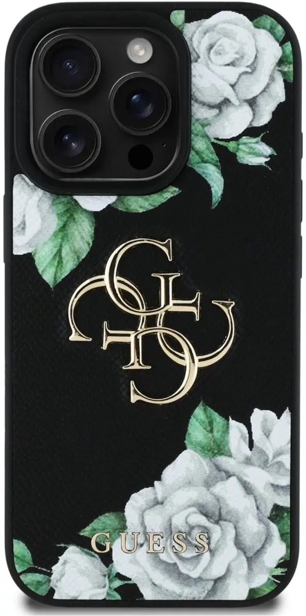 Guess Grained Roses Big 4G Hoesje iPhone 16 Pro - Zwart