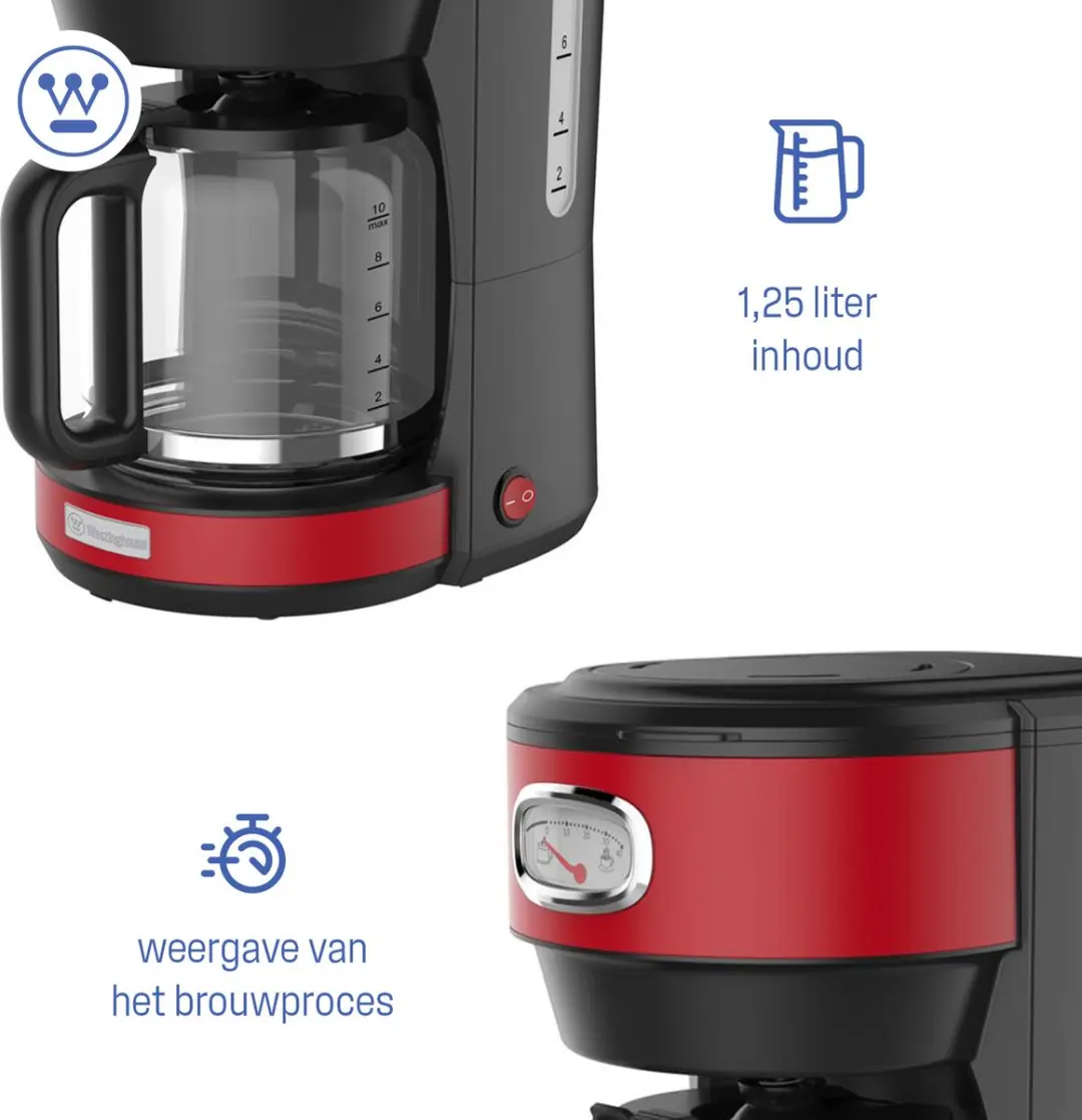 Westinghouse WKCMR621 Retro Filterkoffiezetapparaat 1000W - 10 Koppen - 1,25L - Rood