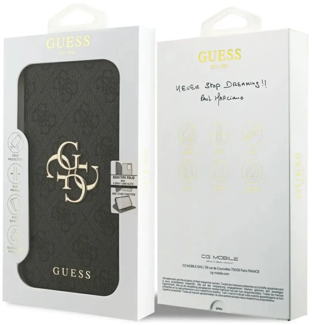 GUESS 4G Big Metal Logo Book Wallet Case iPhone 17 Pro Max - Zwart