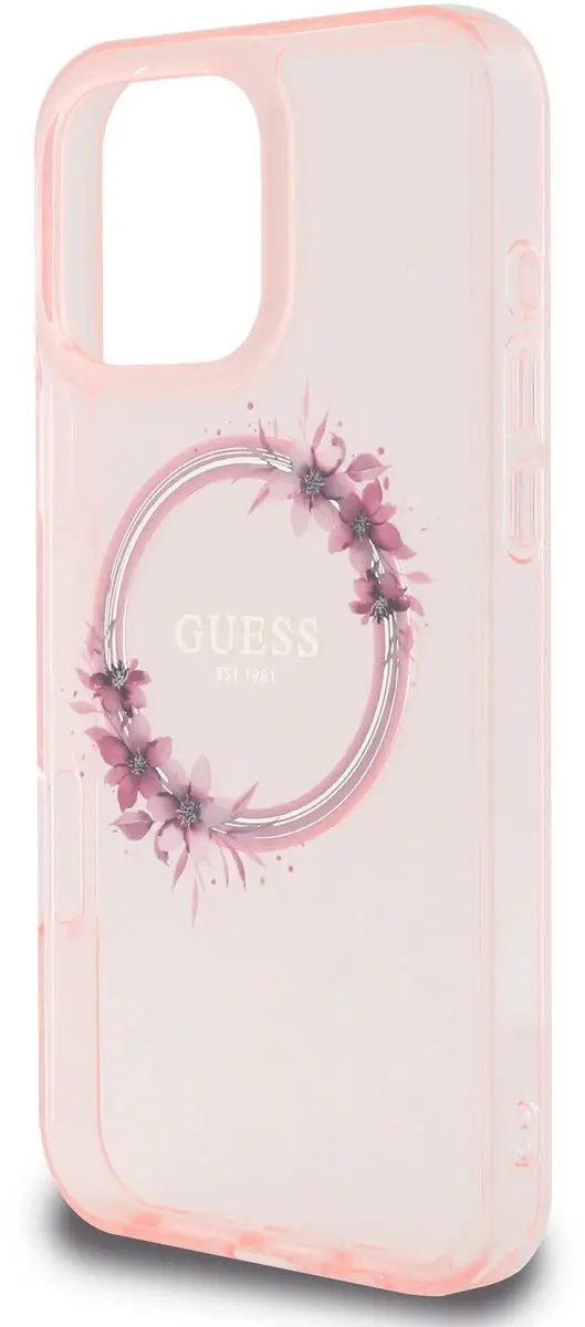 GUESS Backcover iPhone 16 Pro Magsafe IML Flowers Wreath Roze - 3666339345020