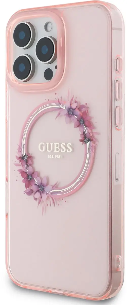 GUESS Backcover iPhone 16 Pro Magsafe IML Flowers Wreath Roze