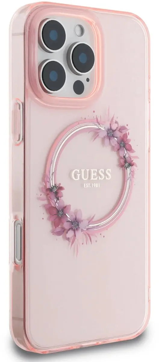 GUESS Backcover iPhone 16 Pro Magsafe IML Flowers Wreath Roze - 3666339345020