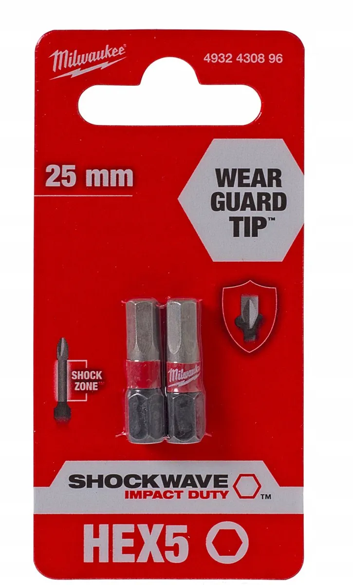 Milwaukee Impact Bits HEX 5 25mm Shockwave - 2 Stuks