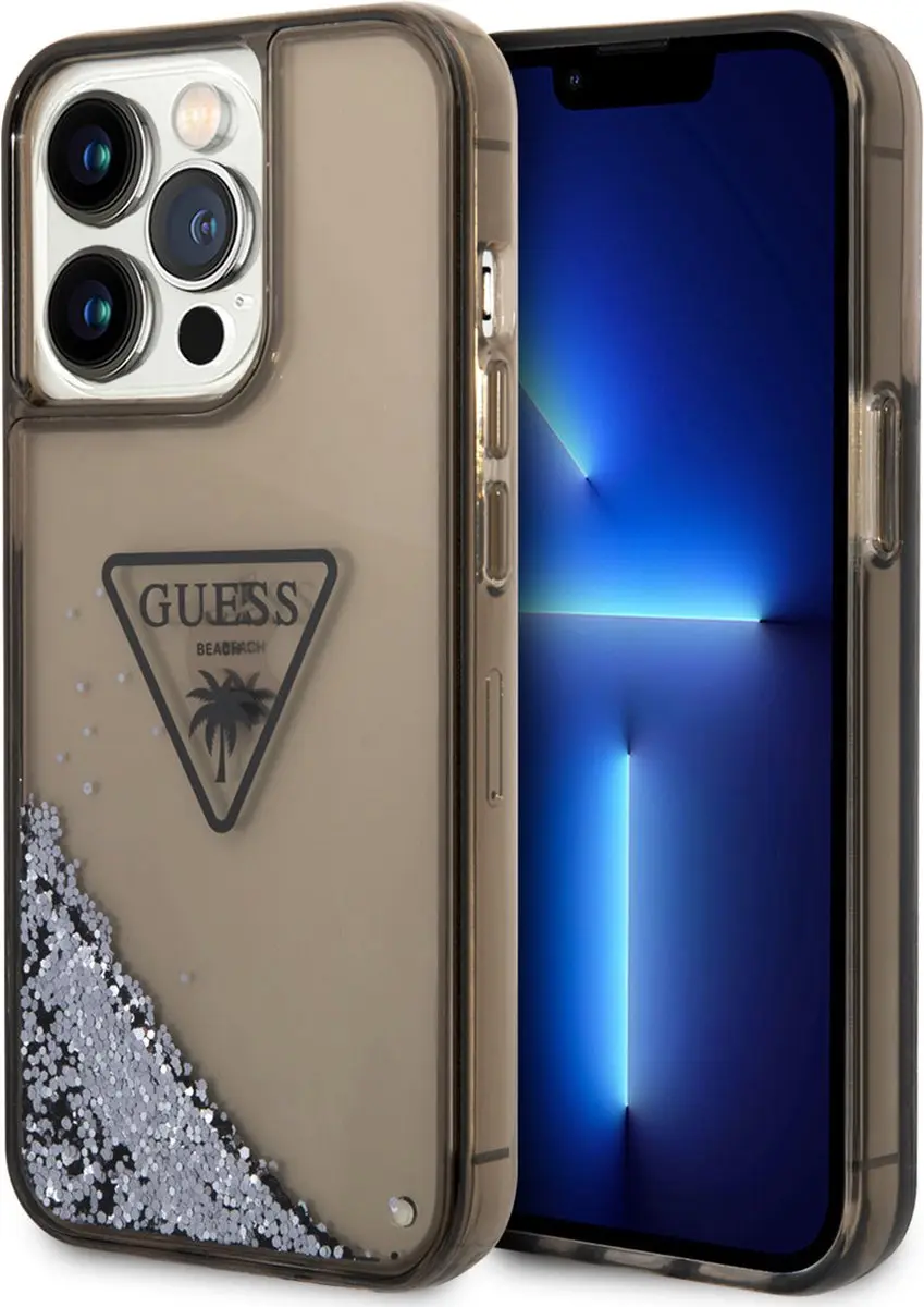GUESS Liquid Glitter Triangle Back Case iPhone 14 Pro - Zwart/Blauw