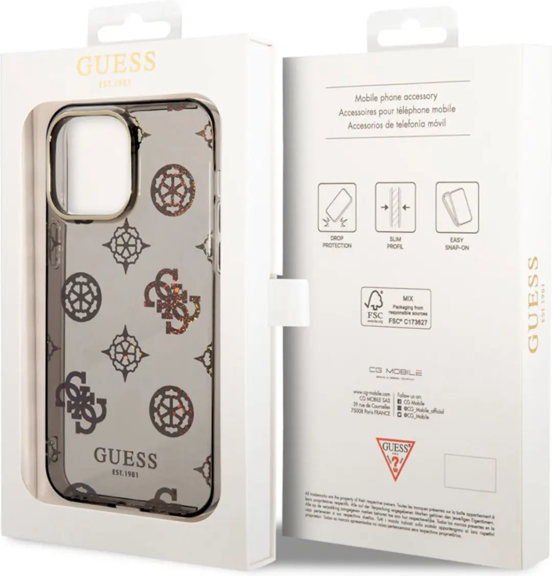 GUESS 4G Peony Glitter Back Case - iPhone 14 Pro Max - Zwart