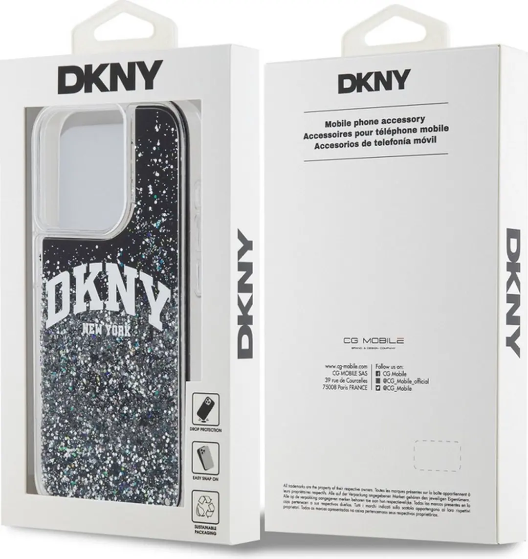 DKNY Liquid Glitter Arch Logo Back Case - iPhone 15 Pro DKHCP15LLBNAEK - Zwart/Zilver