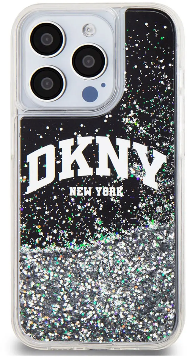 DKNY Liquid Glitter Arch Logo Back Case - iPhone 15 Pro DKHCP15LLBNAEK - Zwart/Zilver