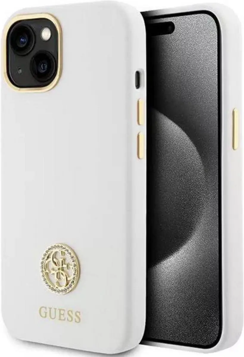 GUESS 4G Strass Silicone Hoesje - iPhone 15 - Wit