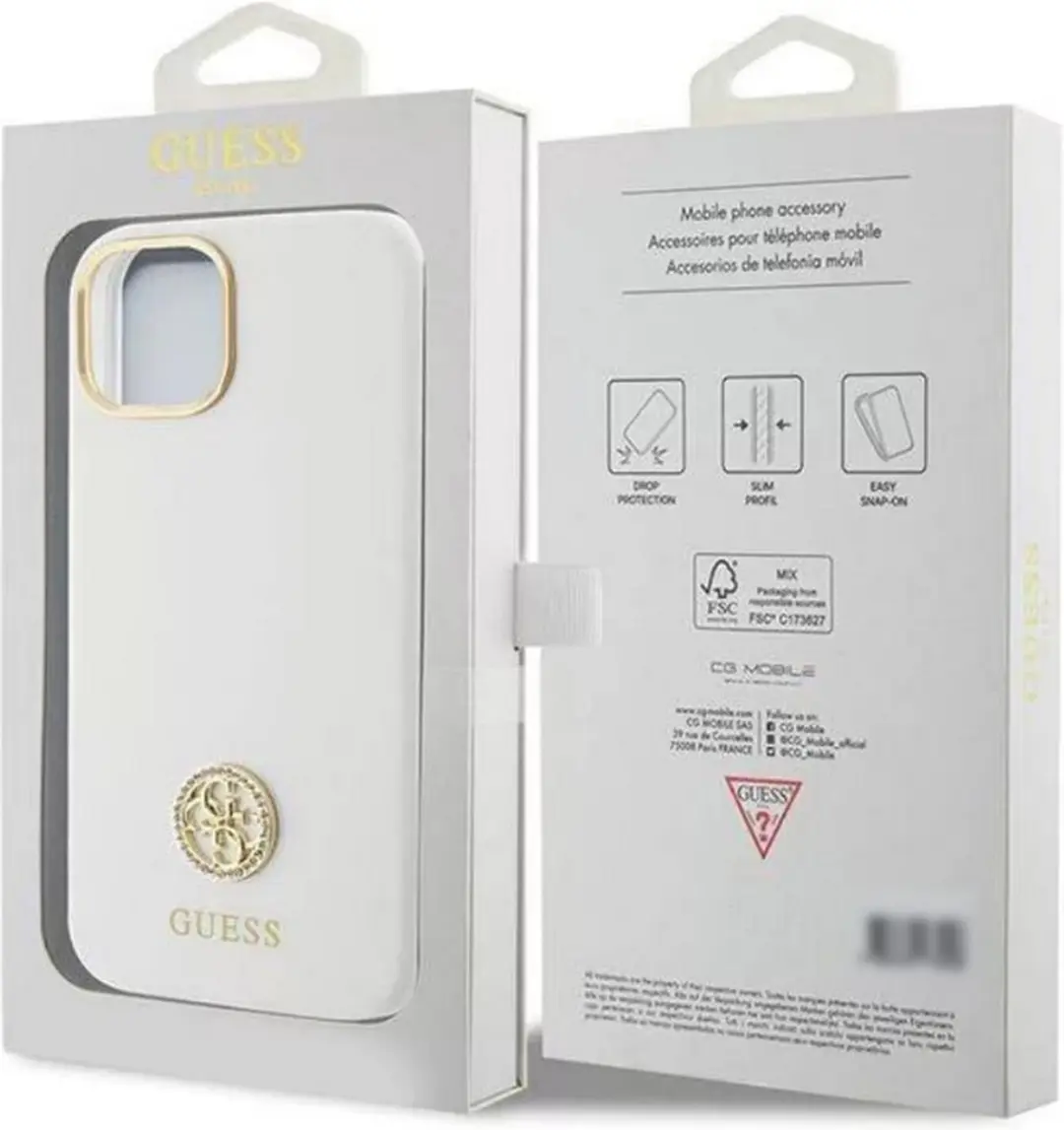 GUESS 4G Strass Silicone Hoesje - iPhone 15 - Wit