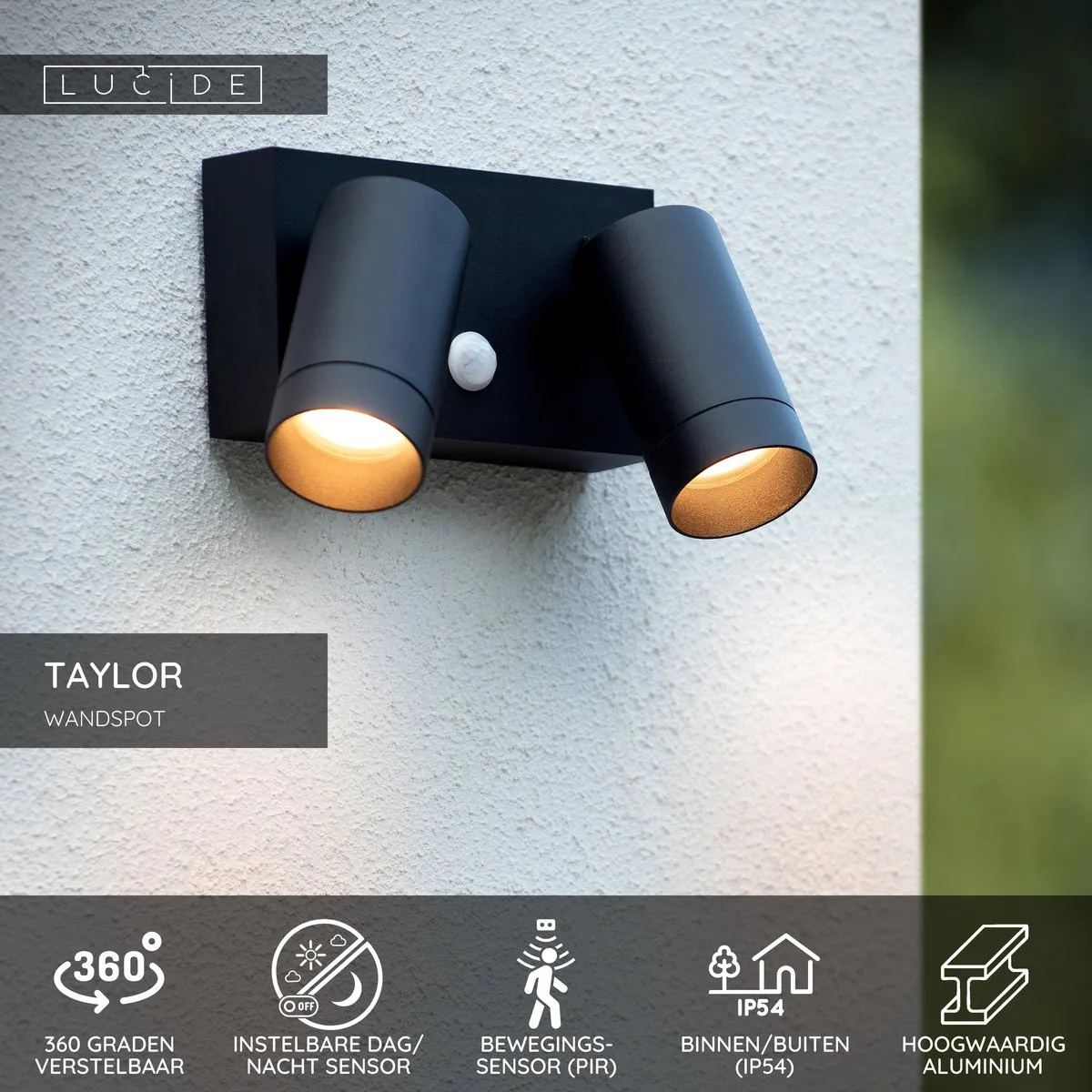 Lucide Taylor Wandspot 2xGU10 - IP54 Bewegingssensor Zwart