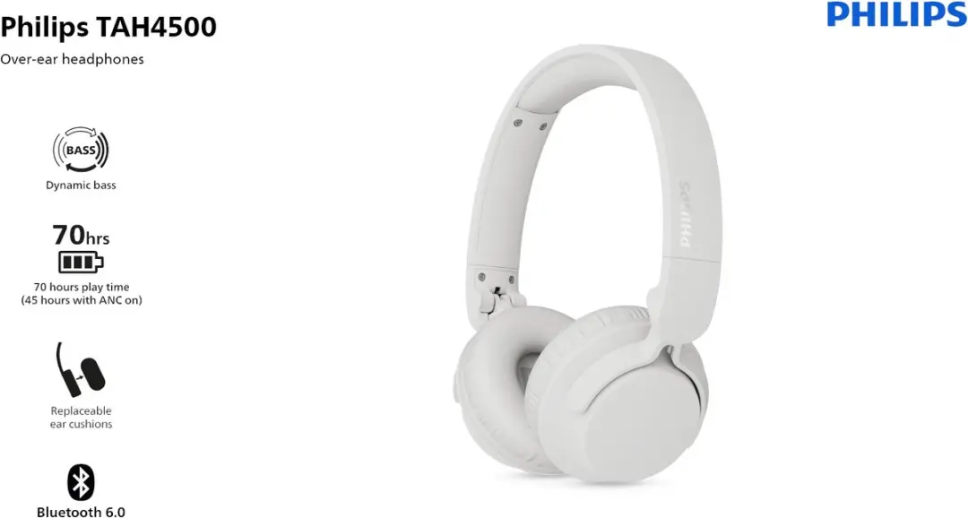 Philips TAH4500WT/00 Draadloze Koptelefoon - Active Noise Cancelling - Wit - afbeelding 6 van 6