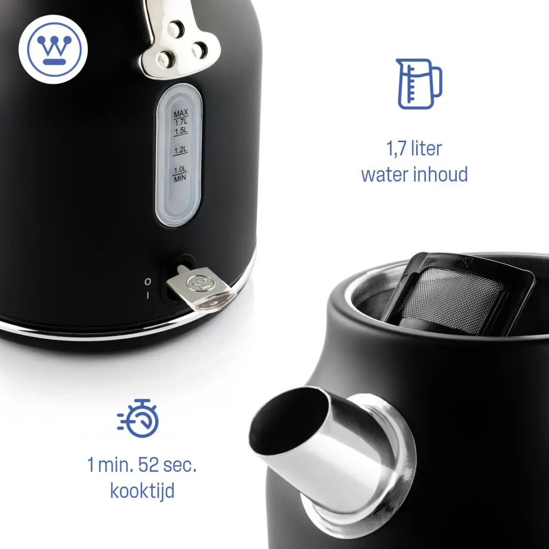 Westinghouse Retro Waterkoker 1,7L + Broodrooster 2 Sneden - Zwart