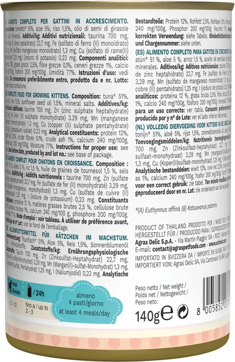 Schesir Kattenvoer Kitten 3-12 Tonijn met Aloe in Gelei 140g - 24 Stuks