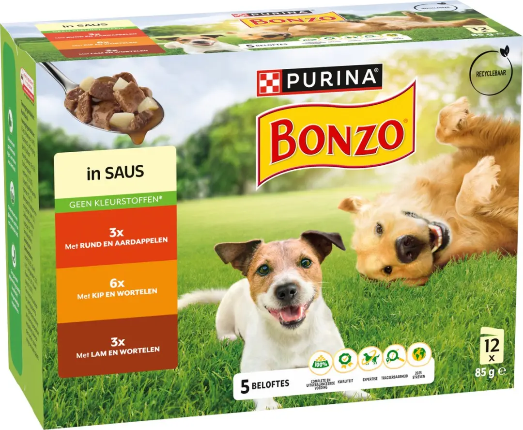Bonzo Maaltijdzakjes Natvoer Rund Kip Lam - 48x85g